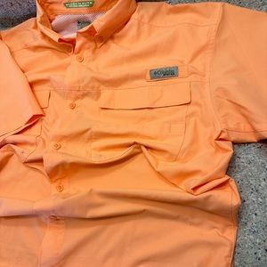 Columbia PFG Button Up Shirt Mens L Orange Omni Shade Short Sleeve Vented Top